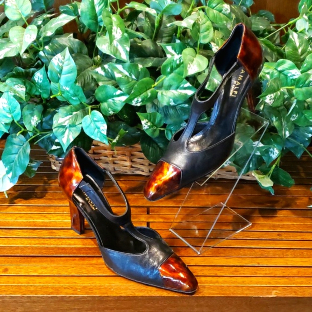 AMALFI T-Strap Heels Black Leather with Tortoise Gorgeous Heels - Size 10-M